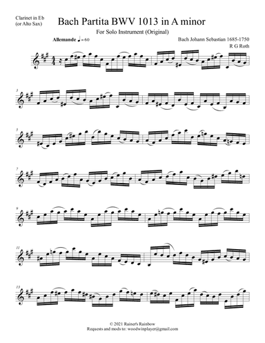 Bach 1723 BWV 1013 Partita in 4 Movements for Alto, Tenor or Soprano Sax (arr. R G Roth)