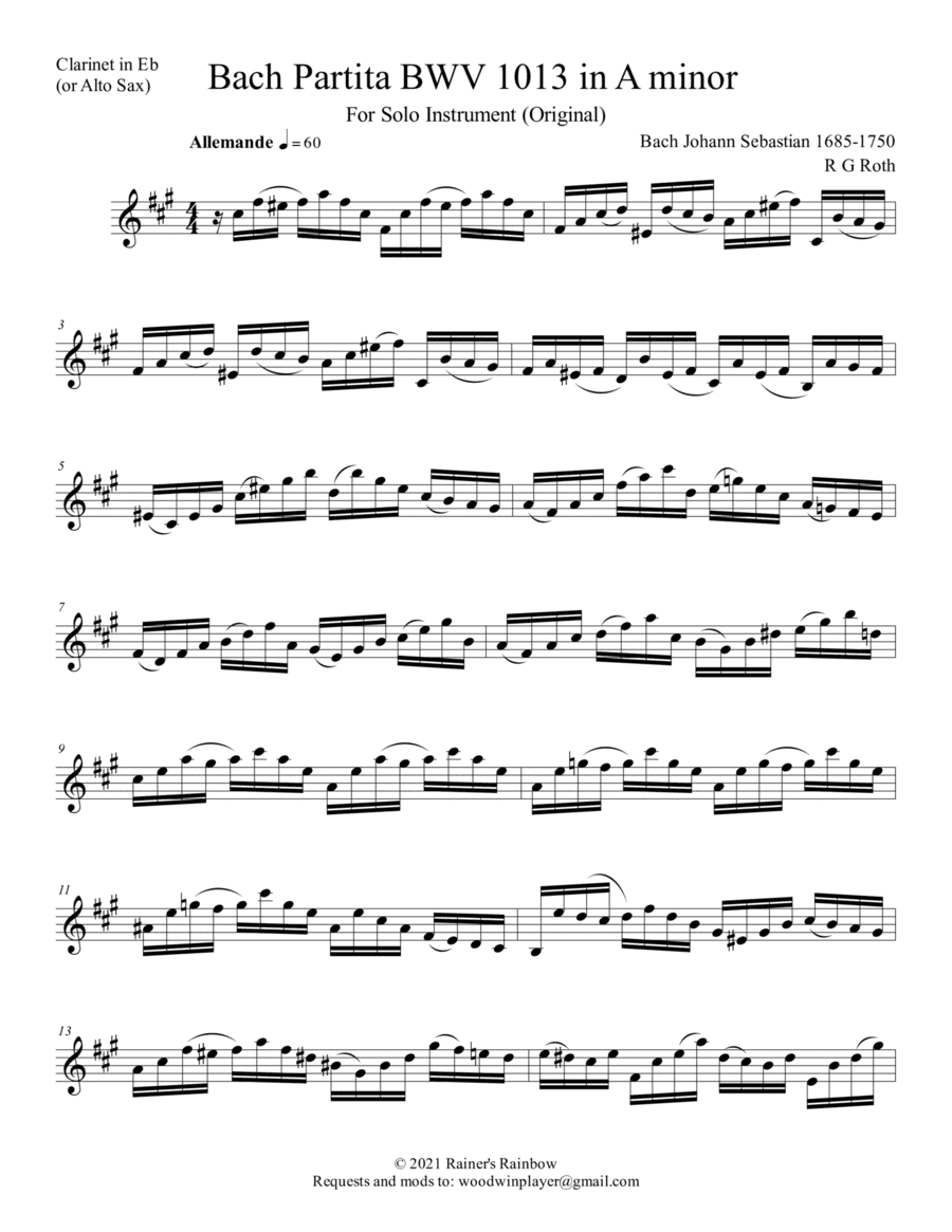 Bach 1723 BWV 1013 Partita in 4 Movements for Alto, Tenor or Soprano Sax (arr. R G Roth)