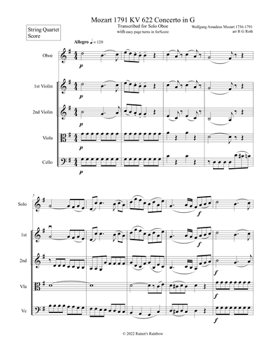 Mozart 1791 KV 622 Oboe Concerto in G with String Quartet Score and Parts (arr. R G Roth)