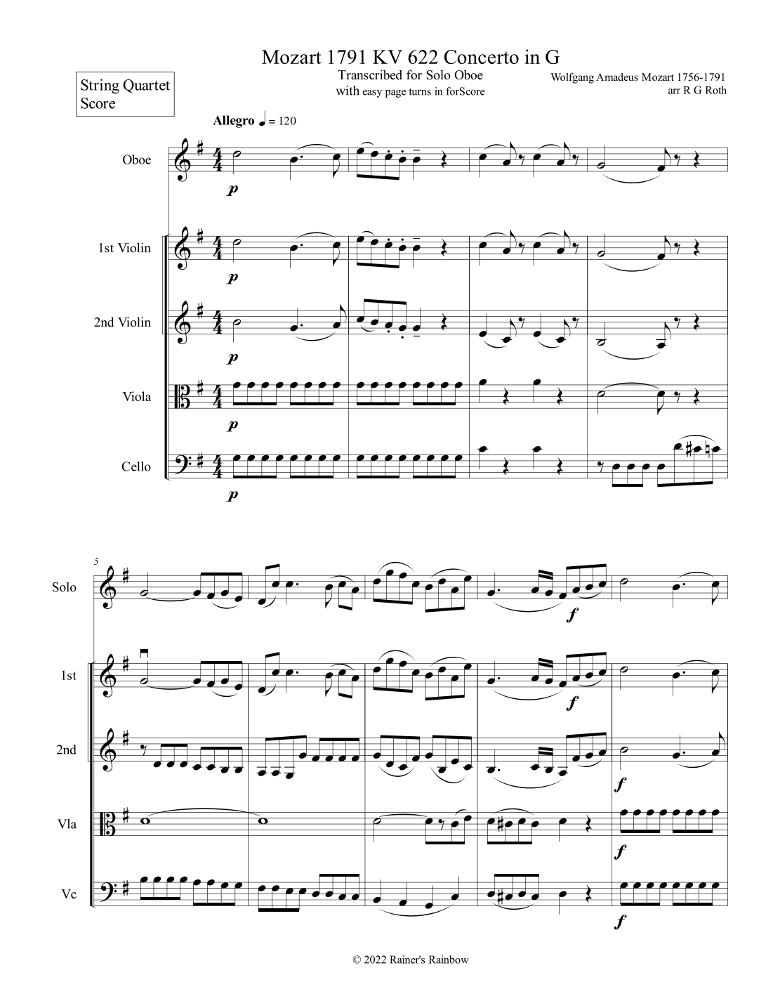 Mozart 1791 KV 622 Oboe Concerto in G with String Quartet Score and Parts (arr. R G Roth)