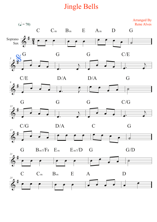 jingle bells, cipher christmas song and melody for soprano sax (arr. Rene Alves)