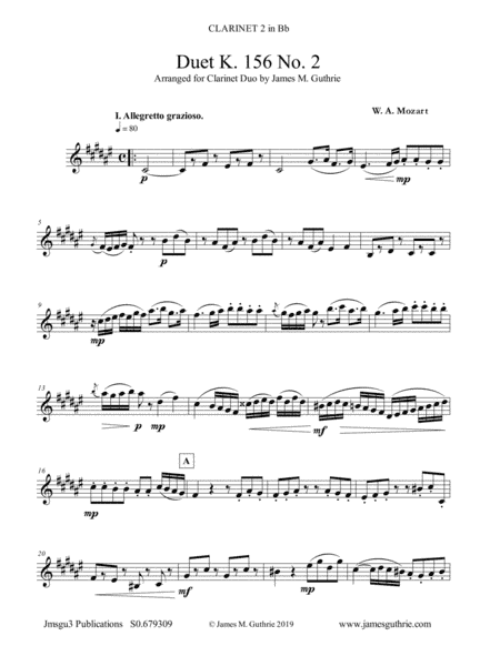 Mozart: Duet K. 156 No. 2 for Clarinet Duo (arr. James M. Guthrie, ASCAP)