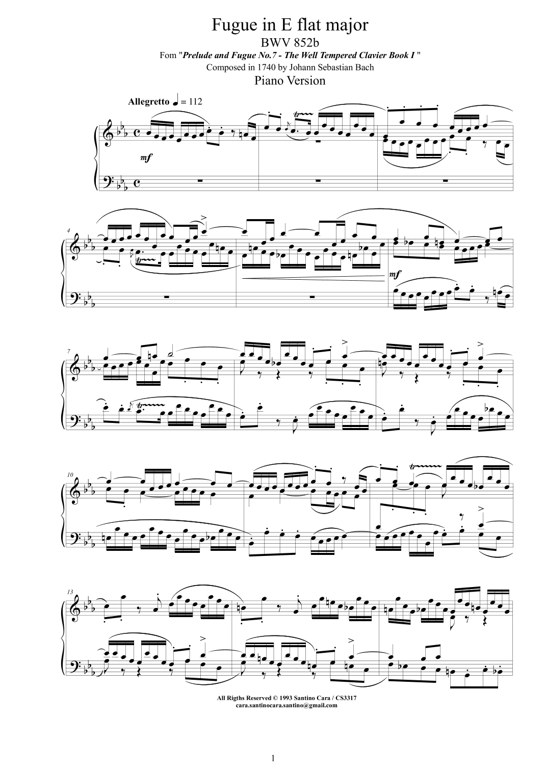Bach - Fugue in E flat major BWV 852b - Piano version (arr. Santino Cara)
