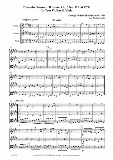 Aria from Concerto Grosso, Op.6-12 HWV330 for Two Violins & Viola (arr. Kamada, Mikio)