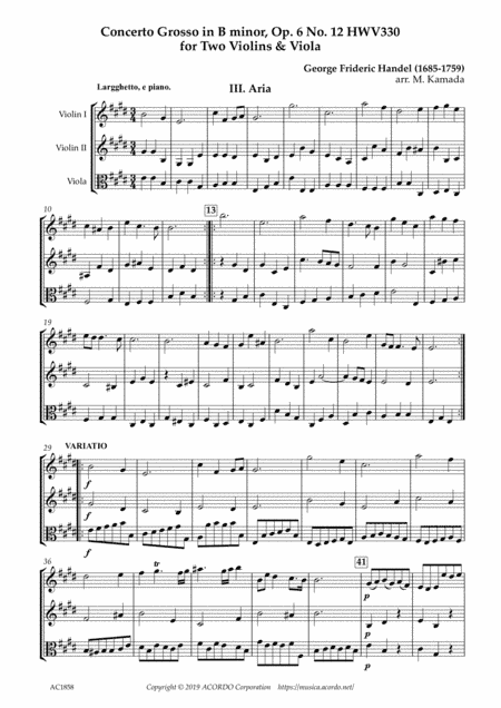 Aria from Concerto Grosso, Op.6-12 HWV330 for Two Violins & Viola (arr. Kamada, Mikio)