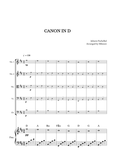 Canon in D | Pachelbel | String Quintet | Piano accompaniment (arr. Milanov)