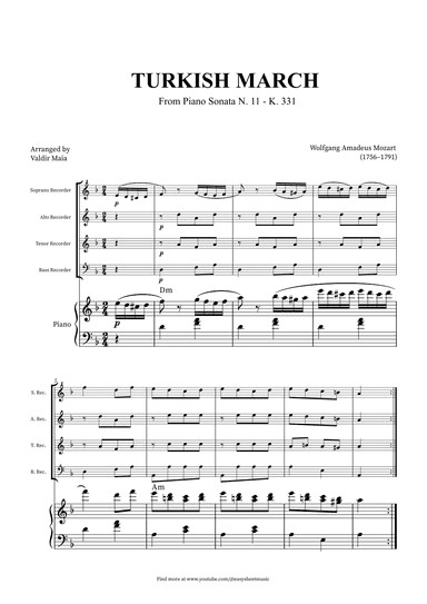 Turkish March - Recorder Quartet and Piano + CHORDS (arr. Valdir Maia)