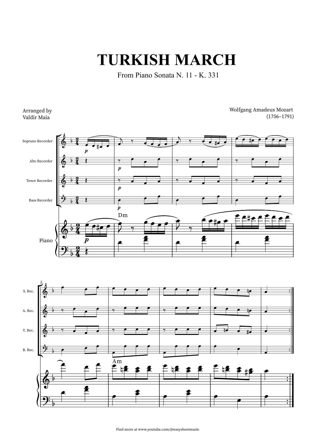 Turkish March - Recorder Quartet and Piano + CHORDS (arr. Valdir Maia)