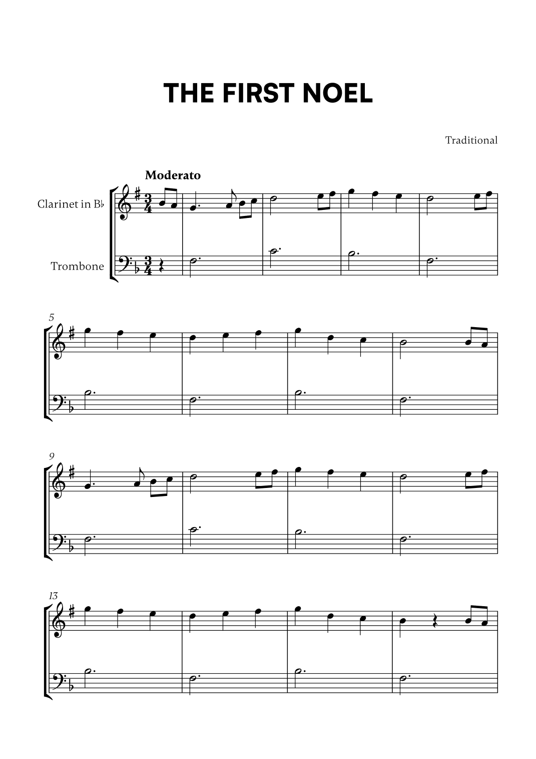 Traditional - The First Noel (F Major) (for Clarinet and Trombone) (arr. Cadenza Editions)