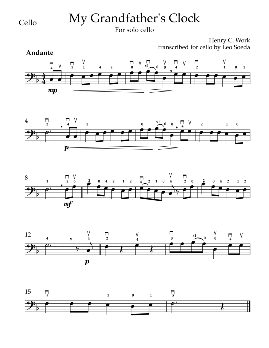 My Grandfather's Clock - solo cello - easy cello pieces (arr. Leo Soeda)