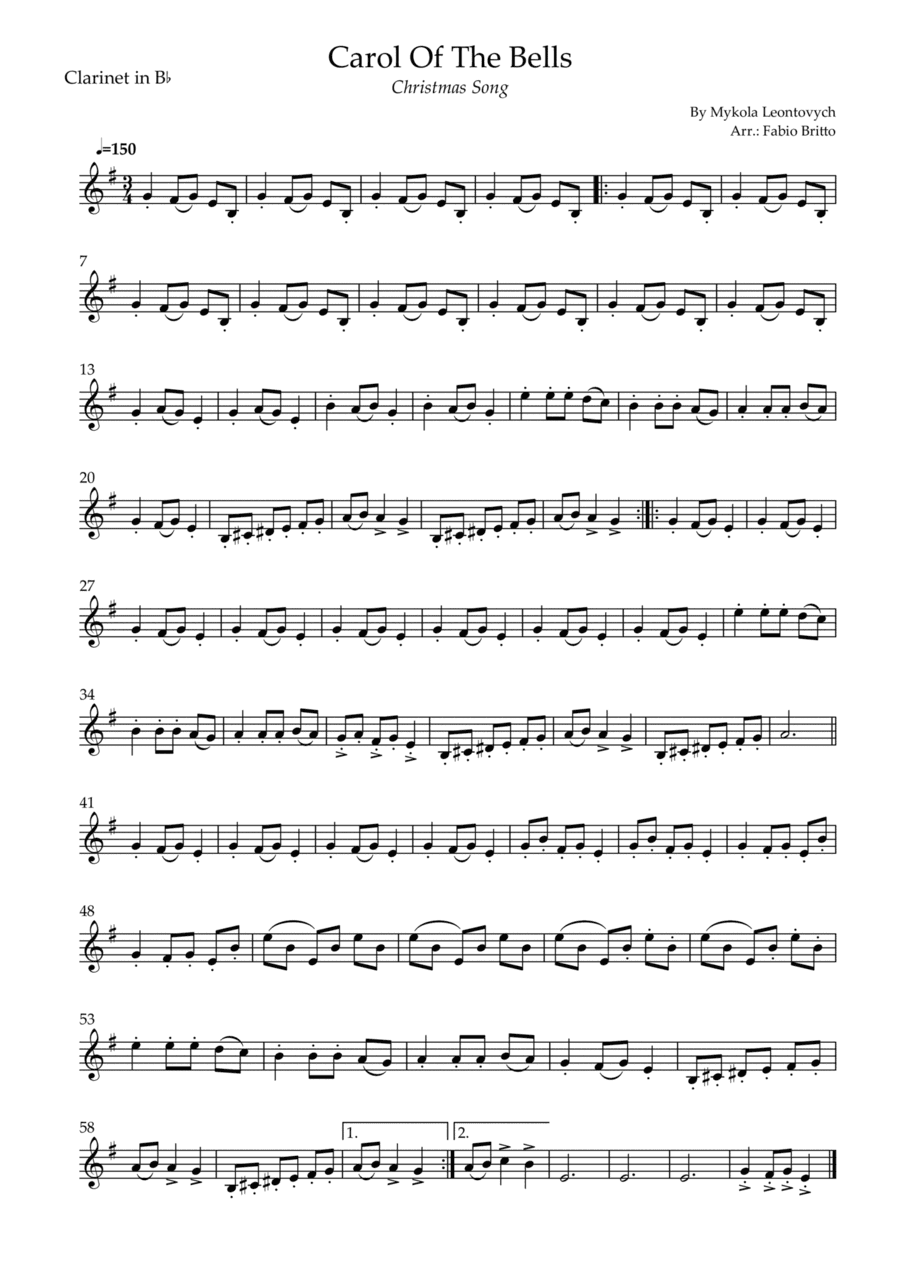 Carol Of The Bells (Christmas Song) for Clarinet in Bb Solo (D Minor) (arr. Fabio Britto)