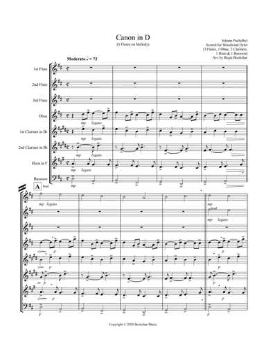 Canon in D (Pachelbel) (D) (Woodwind Octet - 3 Flute, 1 Oboe, 2 Clar, 1 Hrn, 1 Bassoon) (3 Flute lea (arr. Regis Bookshar)