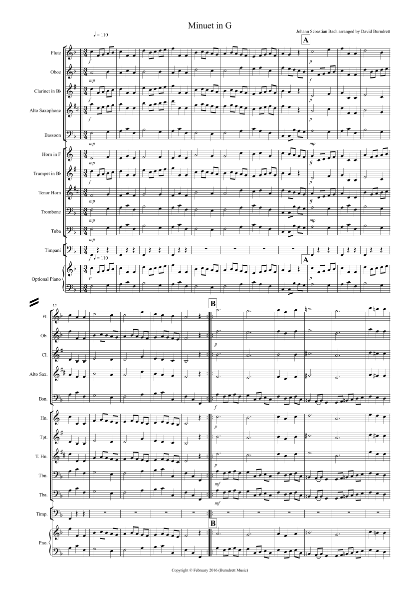 Minuet in G by Bach for School Wind Band (arr. David Burndrett)