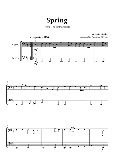 Spring from "The Four Seasons" (Cello Duet) - Beginner Level (arr. Henrique Oliveira)