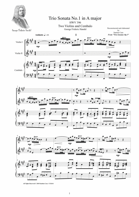 Handel - Trio Sonata No.1 in A major HWV 396 Op.5 for Two Violins and Cembalo (arr. Santino Cara)