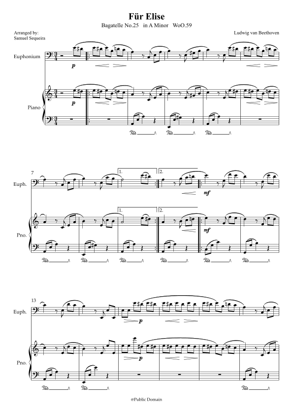 Für Elise (For Elise) - for Euphonium BC and Piano accompaniment - with Piano Play along (arr. Samuel Sequeira)