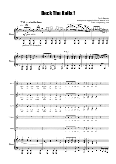 Deck The Halls! SSATB with exciting piano arrangement. (arr. Simon Walters)