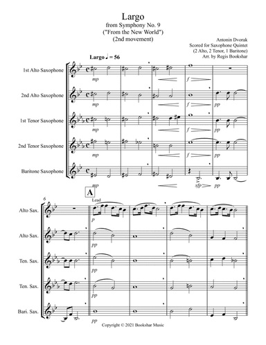 Largo (from "Symphony No. 9") ("From the New World") (Db) (Saxophone Quintet - 2 Alto, 2 Tenor, 1 Ba (arr. Regis Bookshar)