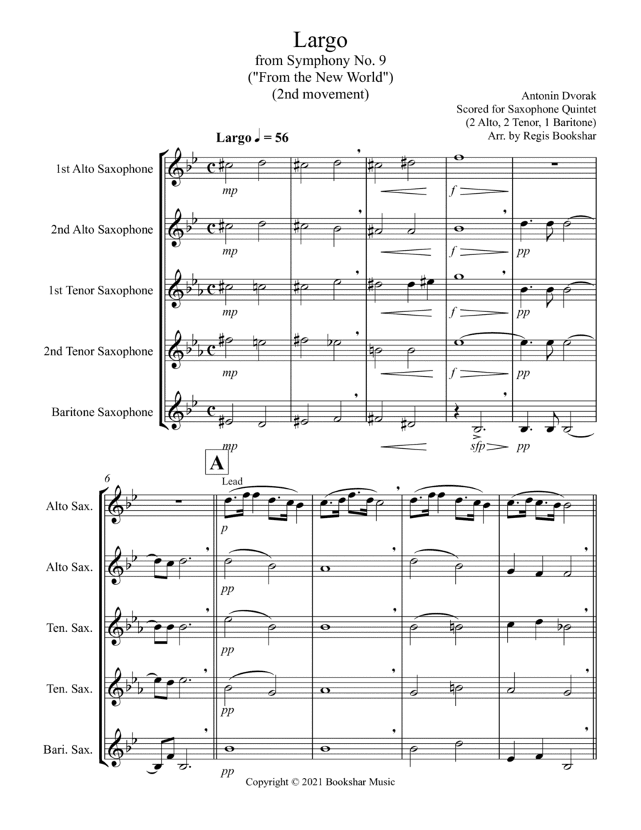 Largo (from "Symphony No. 9") ("From the New World") (Db) (Saxophone Quintet - 2 Alto, 2 Tenor, 1 Ba (arr. Regis Bookshar)