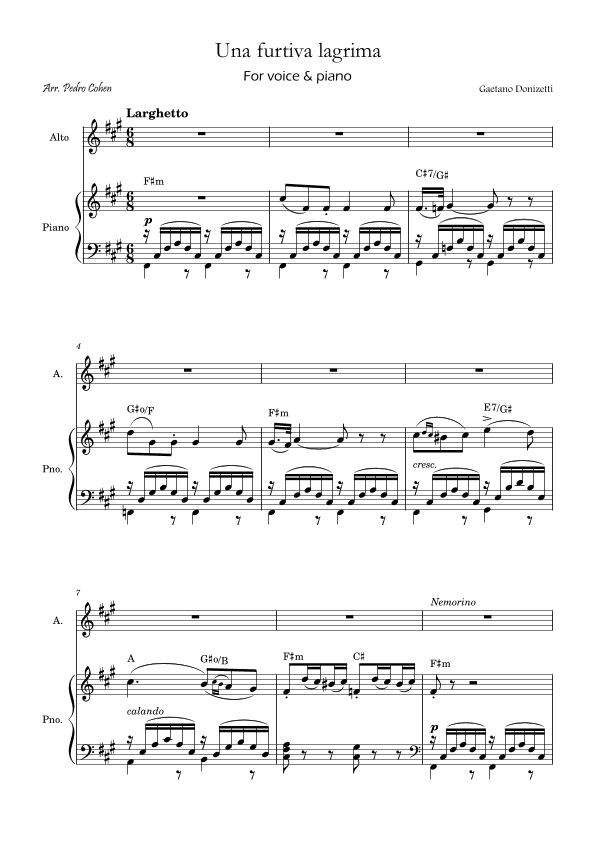 Una Furtiva Lagrima (Contralto in F#m) (arr. Pedro Cohen)