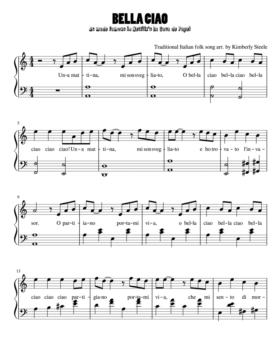 Bella Ciao for Late Intermediate/Early Advanced Piano (contains lyric) (arr. Kimberly Steele)