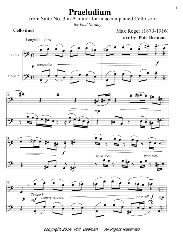 Praeludium - Reger- Cello duet (arr. Phil Beaman)