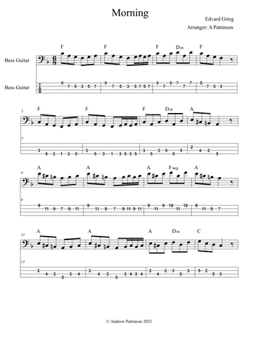 Morning by Edvard Grieg for Bass with Chords and TAB (arr. Andrew Pattinson)