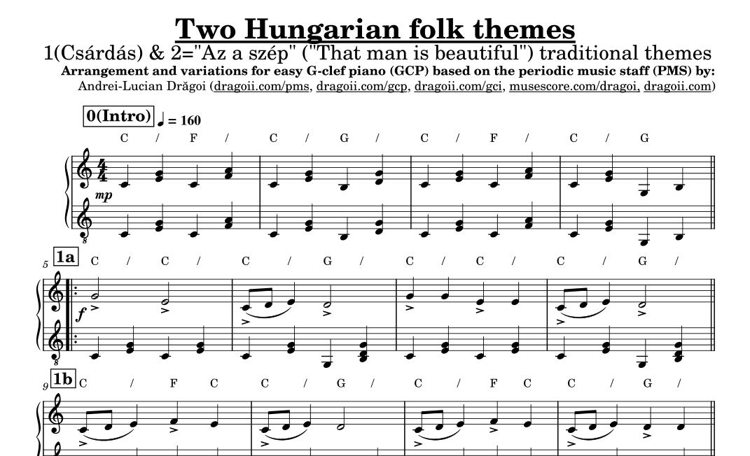 Anonymous - Two Hungarian folk themes - G-clef piano (GCP) arrangement (arr. Andrei Lucian Dragoi)