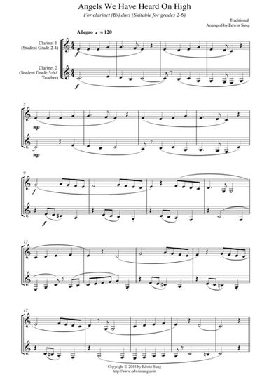 Angels We Have Heard On High (for clarinet (Bb) duet, suitable for grades 2-6) (arr. Edwin Sung)