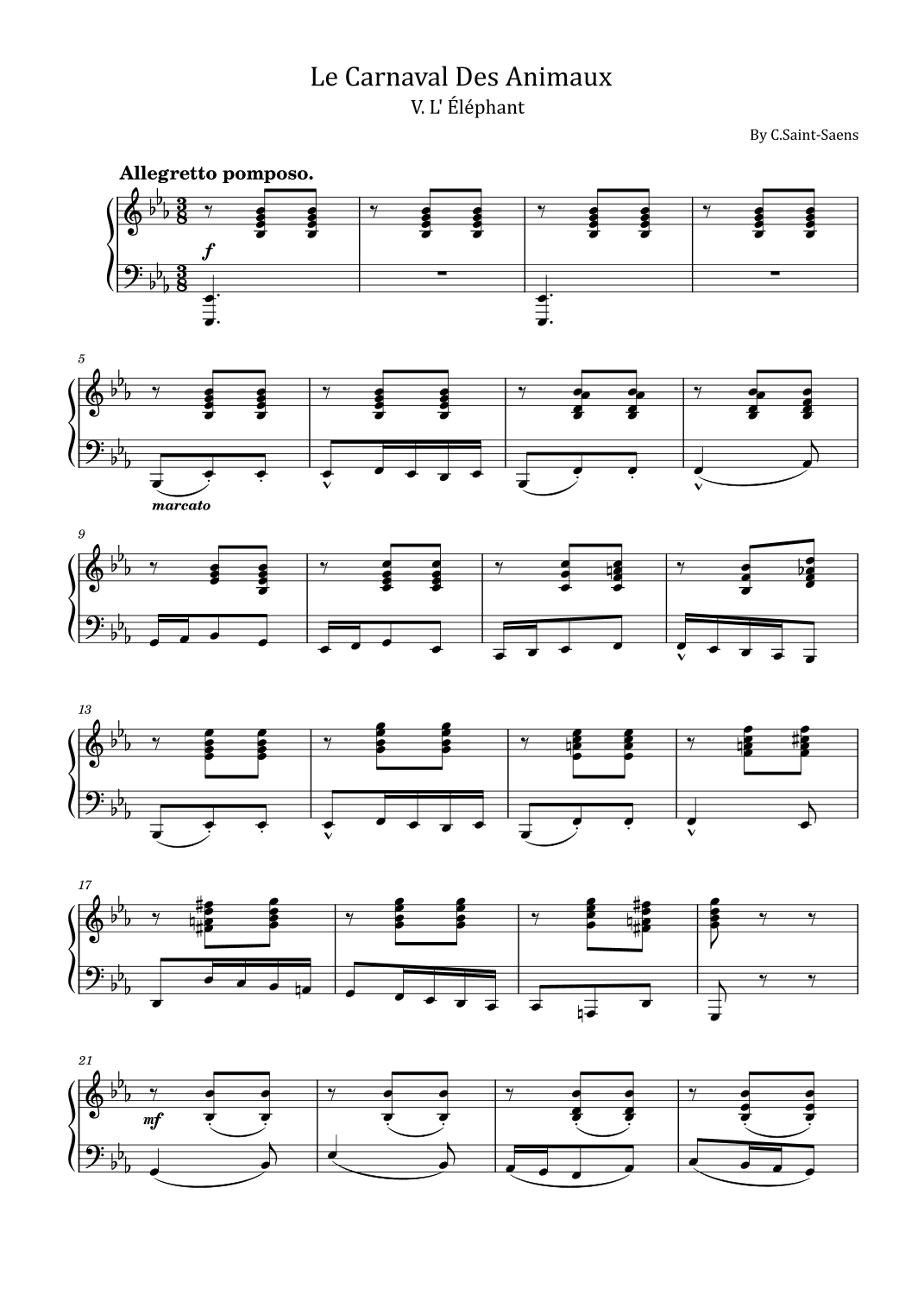 C.Saint-Saens - Le Carnaval Des Animaux, V. L' Éléphant – For Piano Solo Original (arr. poon)