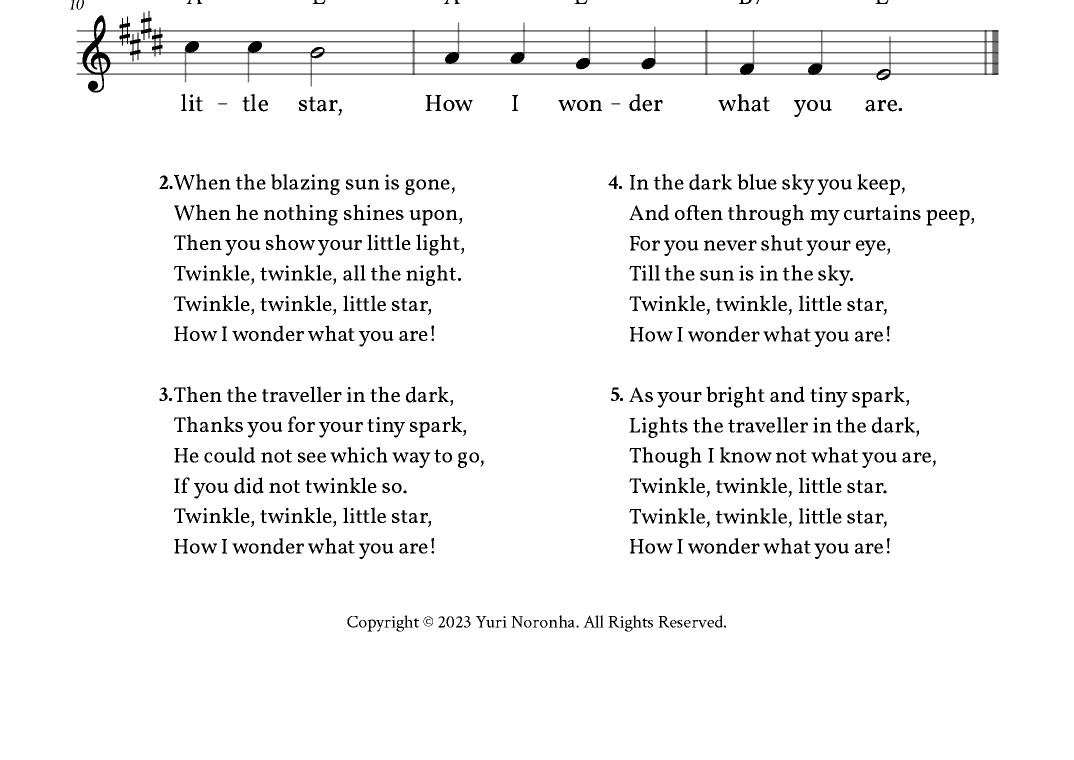 Twinkle, Twinkle Little Star - Lead Sheet E Major (Full Lyrics) (arr. Yuri Noronha)