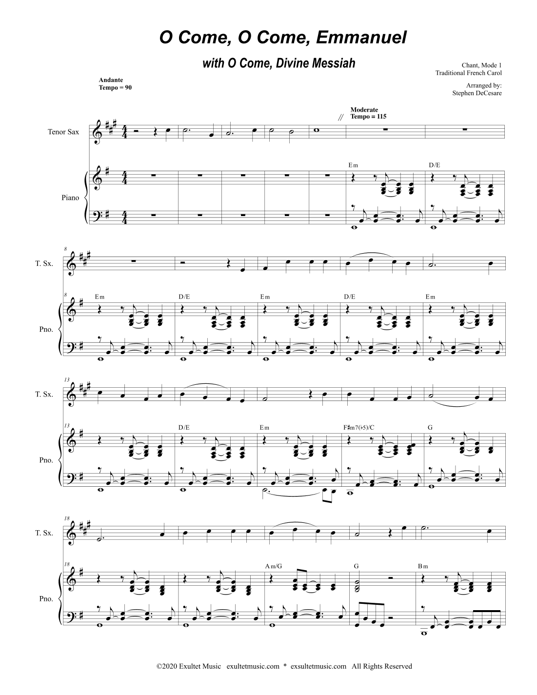 O Come, O Come, Emmanuel (with "O Come, Divine Messiah") (Tenor Saxophone and Piano) (arr. Stephen DeCesare)