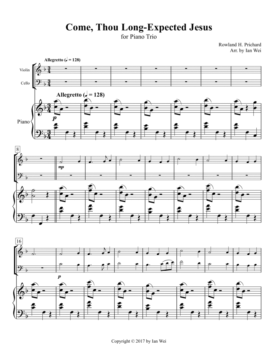Come, Thou Long-Expected Jesus for Piano Trio (arr. Ian Wei)