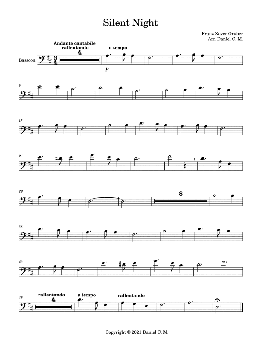 Silent Night for bassoon and piano (easy) (arr. Daniel C. M.)