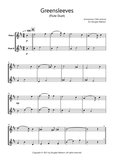 Greensleeves sheet music for flute duet (arr. Douglas Wattson)