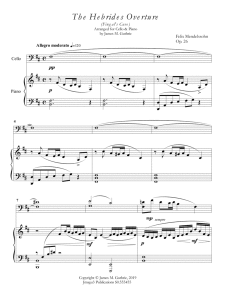 Mendelssohn: the Hebrides Overture for Cello & Piano (arr. James M. Guthrie)