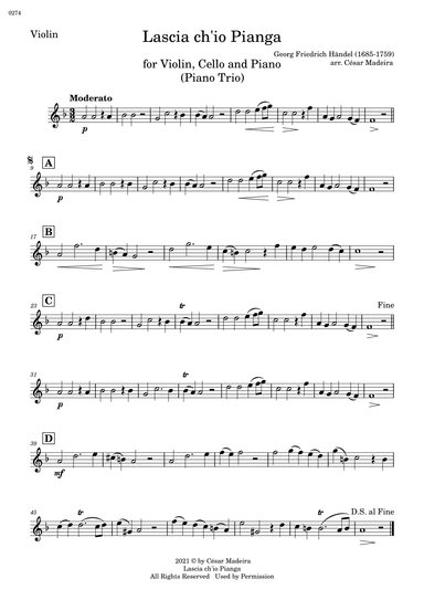 Lascia Ch'io Pianga - Piano Trio (Individual Parts) (arr. César Madeira)