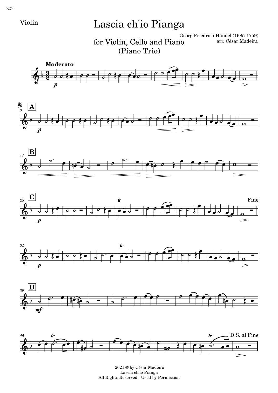 Lascia Ch'io Pianga - Piano Trio (Individual Parts) (arr. César Madeira)