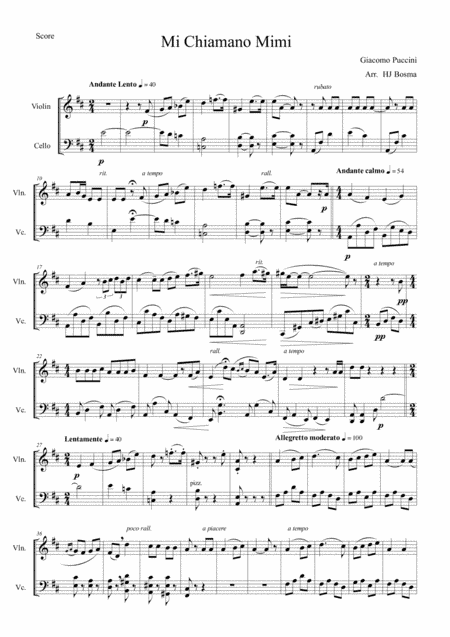 Puccini - Mi Chiamano Mimi - for string duet (violin/cello) (arr. HJ Bosma)