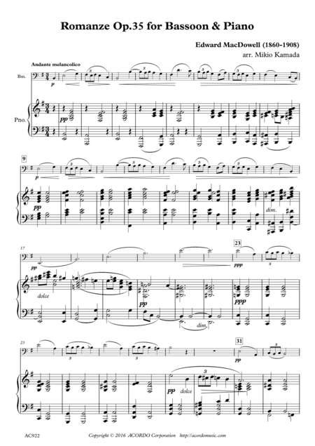 Romanze Op.35 for Bassoon & Piano (arr. Mikio Kamada)