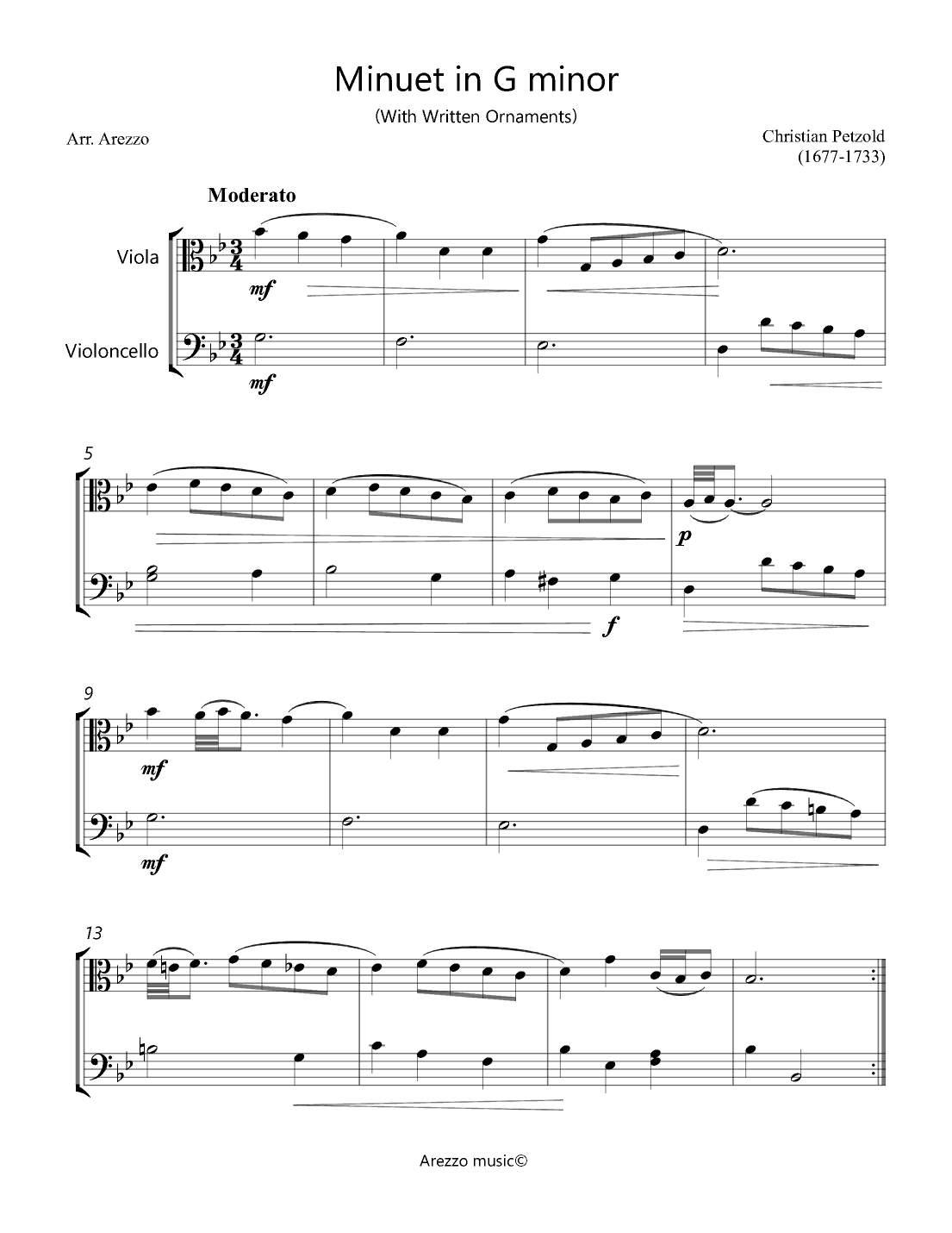 Bach Minuet in G minor - BWV anh 115  - Viola and Cello ornamented (arr. Arezzo Music)