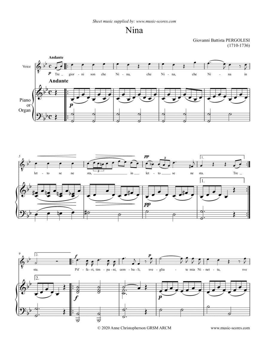Nina - Voice and Piano/Organ (G Minor) (arr. Anne L Christopherson GRSM ARCM)