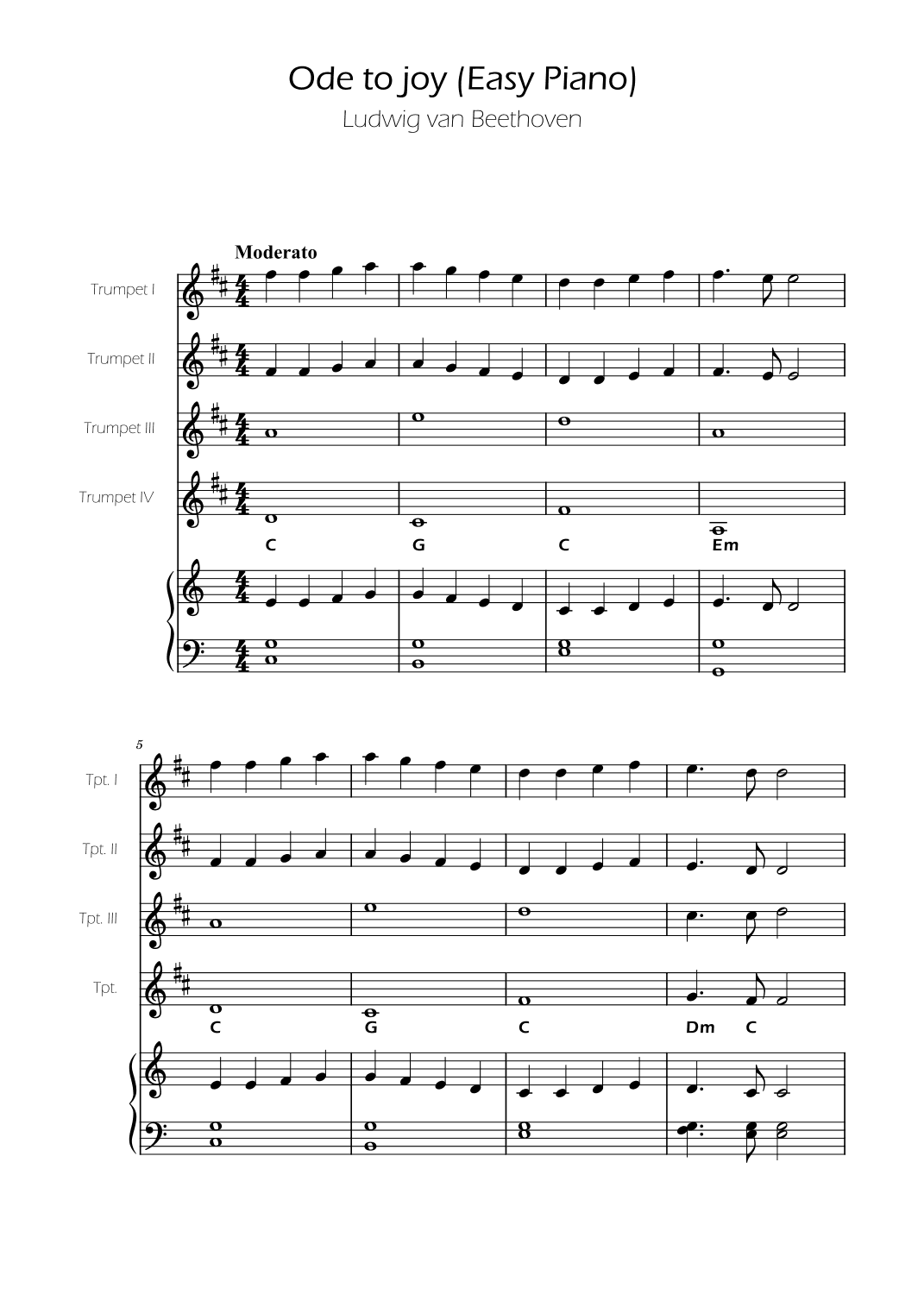 Ode To Joy - Easy Trumpet Quartet w/ piano accompaniment (arr. Ygor Nunes)