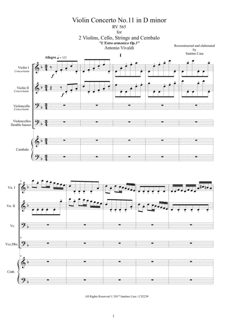 Vivaldi - Violin Concerto No.11 in D minor RV 565 Op.3 for Two Violins, Cello, Strings and Cembalo (arr. Santino Cara)