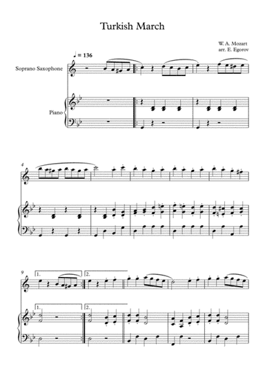 Turkish March, Wolfgang Amadeus Mozart, For Soprano Saxophone & Piano (arr. Eugene Egorov)