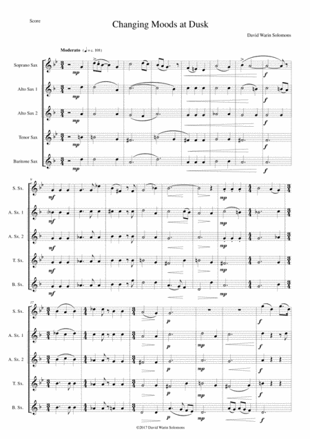 Changing moods at dusk for saxophone quintet (soprano, 2 altos, 1 tenor, 1 baritone)
