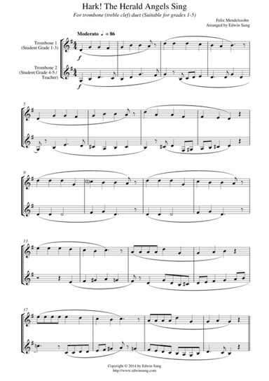 Hark! The Herald Angels Sing (for trombone duet (treble clef), suitable for grades 1-5) (arr. Edwin Sung)