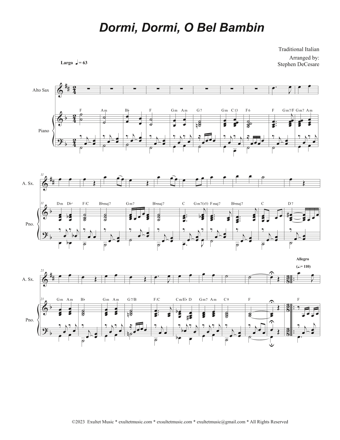 Dormi, Dormi, O Bel Bambin (Alto Saxophone and Piano) (arr. Stephen DeCesare)