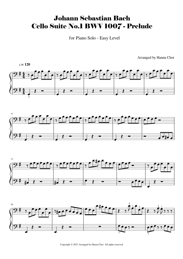 Bach Cello Suite BWV1007  Prelude [for Piano Solo] (arr. Hanna Choi)