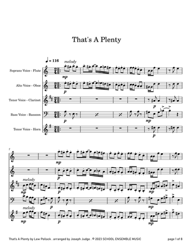 That's A Plenty by Pollack for Woodwind Quartet in Schools (arr. Joseph Judge)